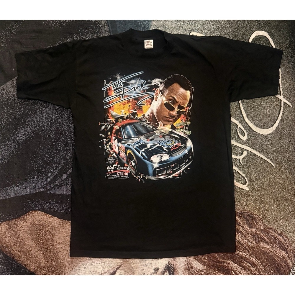Vintage 1999 WWF Racing Attitude T-Shirt THE ROCK Size XL All American Wear